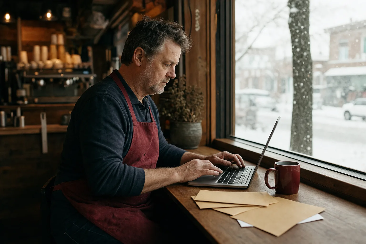A café owner in Canada reviewing a pay run at the counter after closing