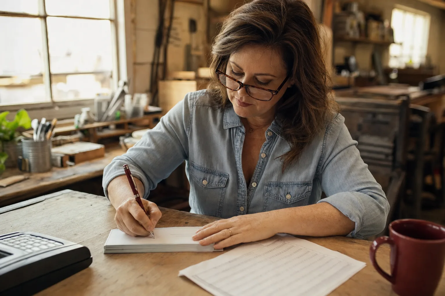 A small-business owner signing paychecks at a workshop desk