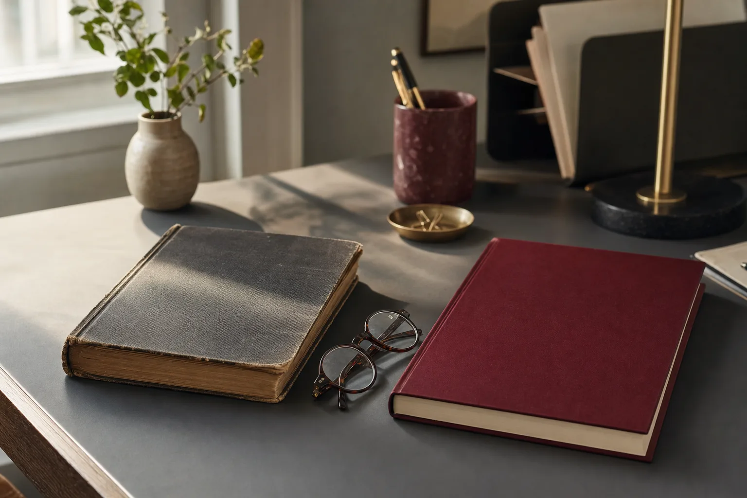 Two ledgers side by side with reading glasses between them