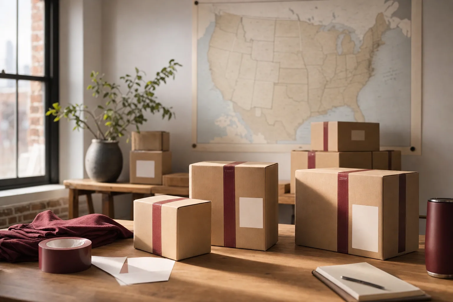Shipping boxes on a packing table with a map of the US behind them