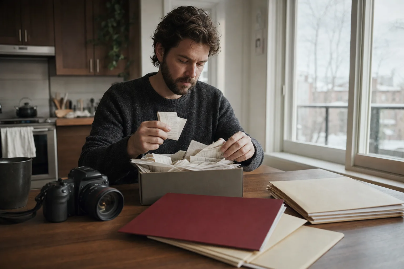 A self-employed photographer sorting receipts into folders at a kitchen table