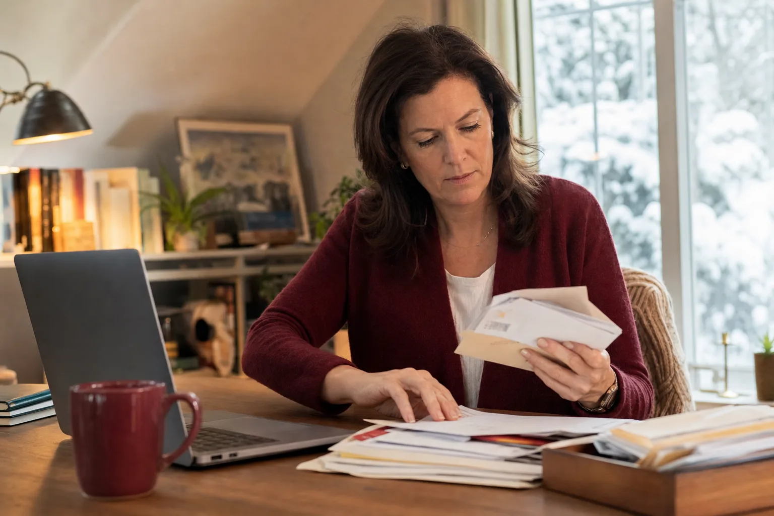 A bookkeeper working through envelopes in a home office on a snowy day