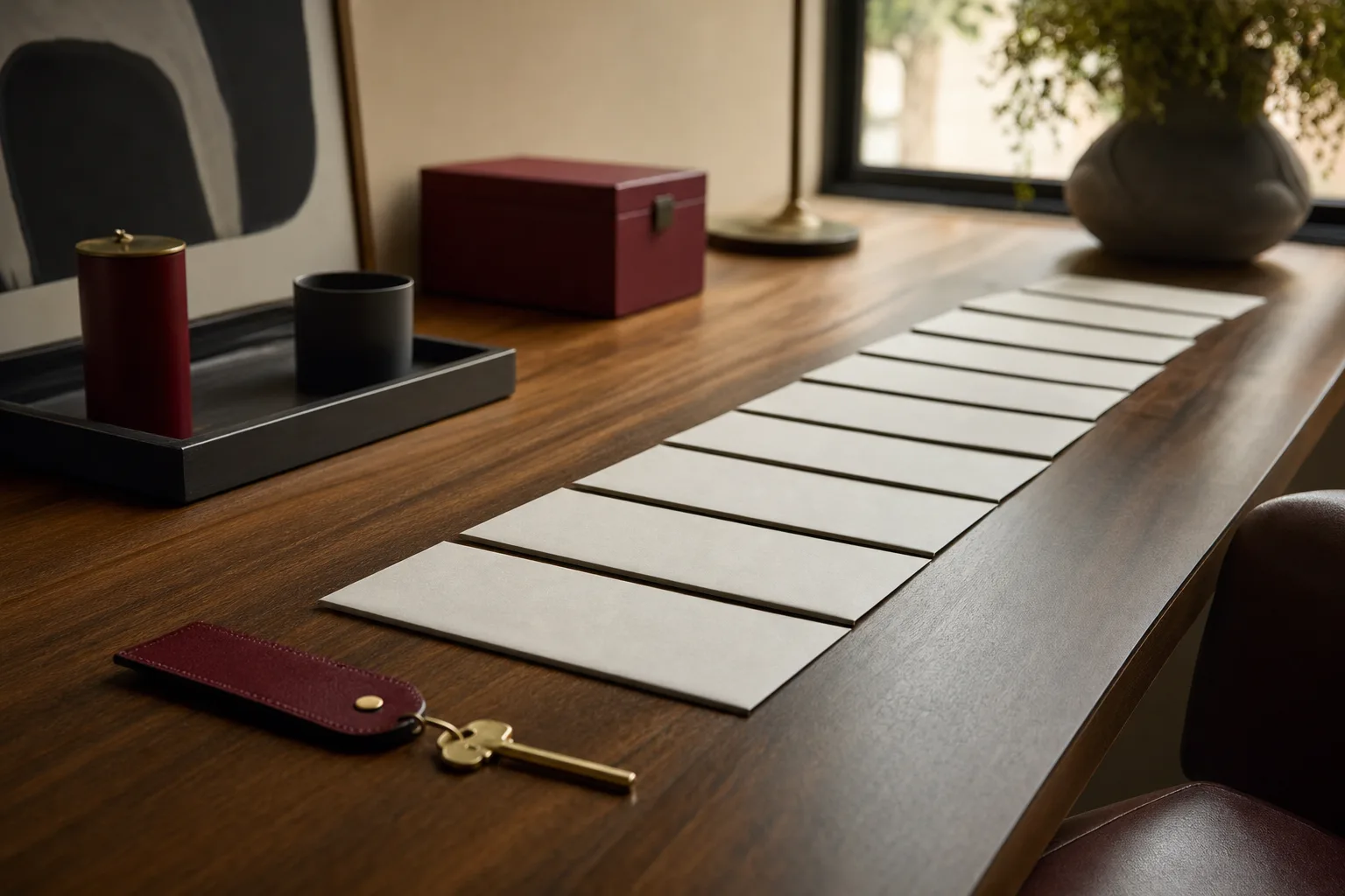 A long row of paper envelopes beside a single key on a desk