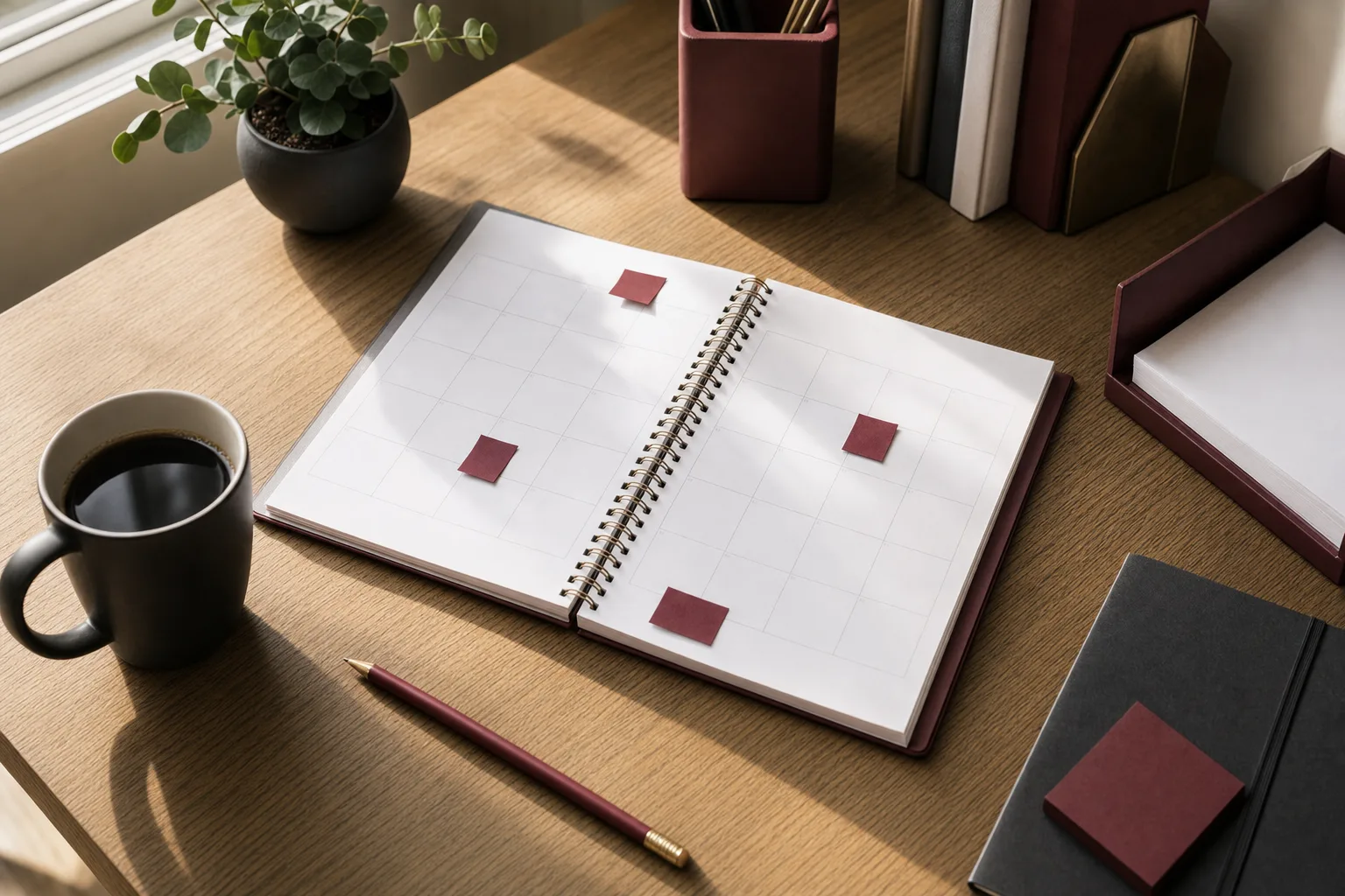 A desk planner open to a new year with a few dates marked in maroon