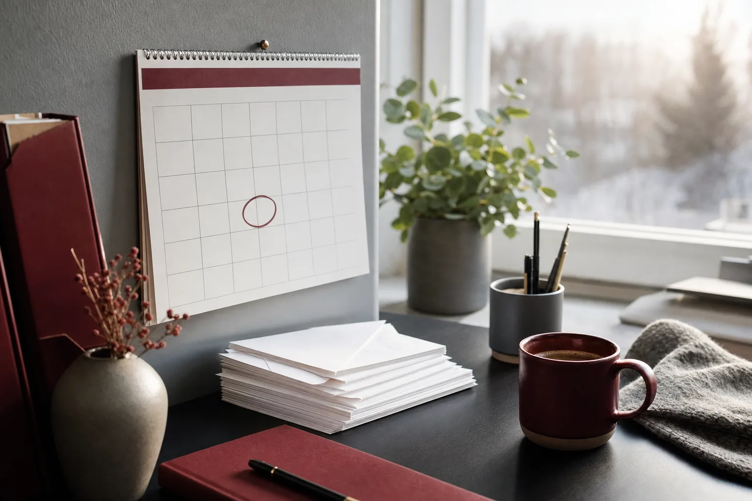 A January desk calendar with one date circled in maroon