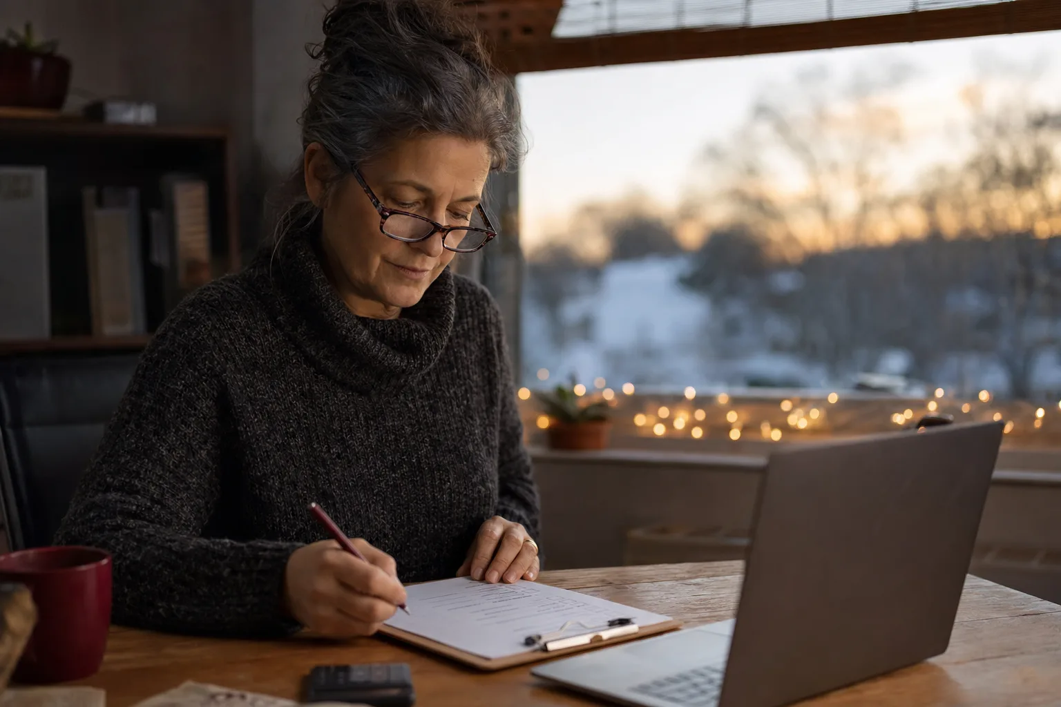 A business owner working down a printed checklist at her desk on a December afternoon