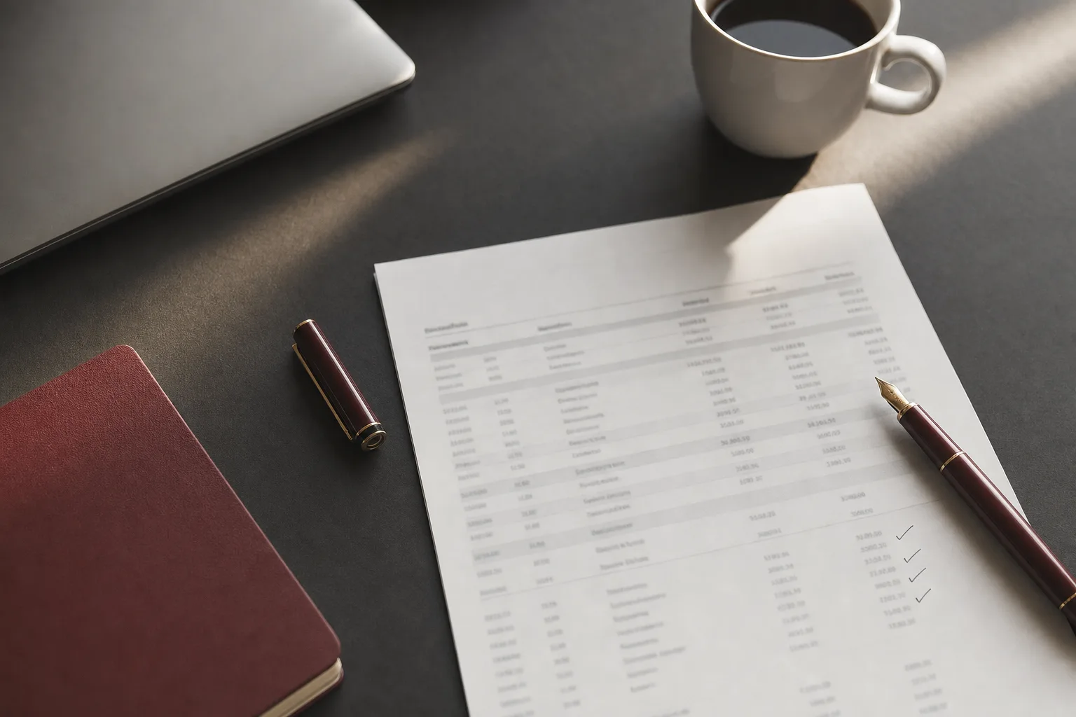 A bank statement with ticked lines beside a coffee cup and a maroon pen