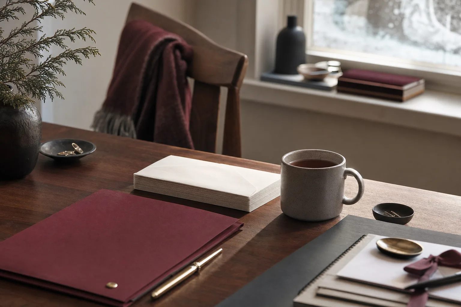 Envelopes and a folder on a desk on a winter morning