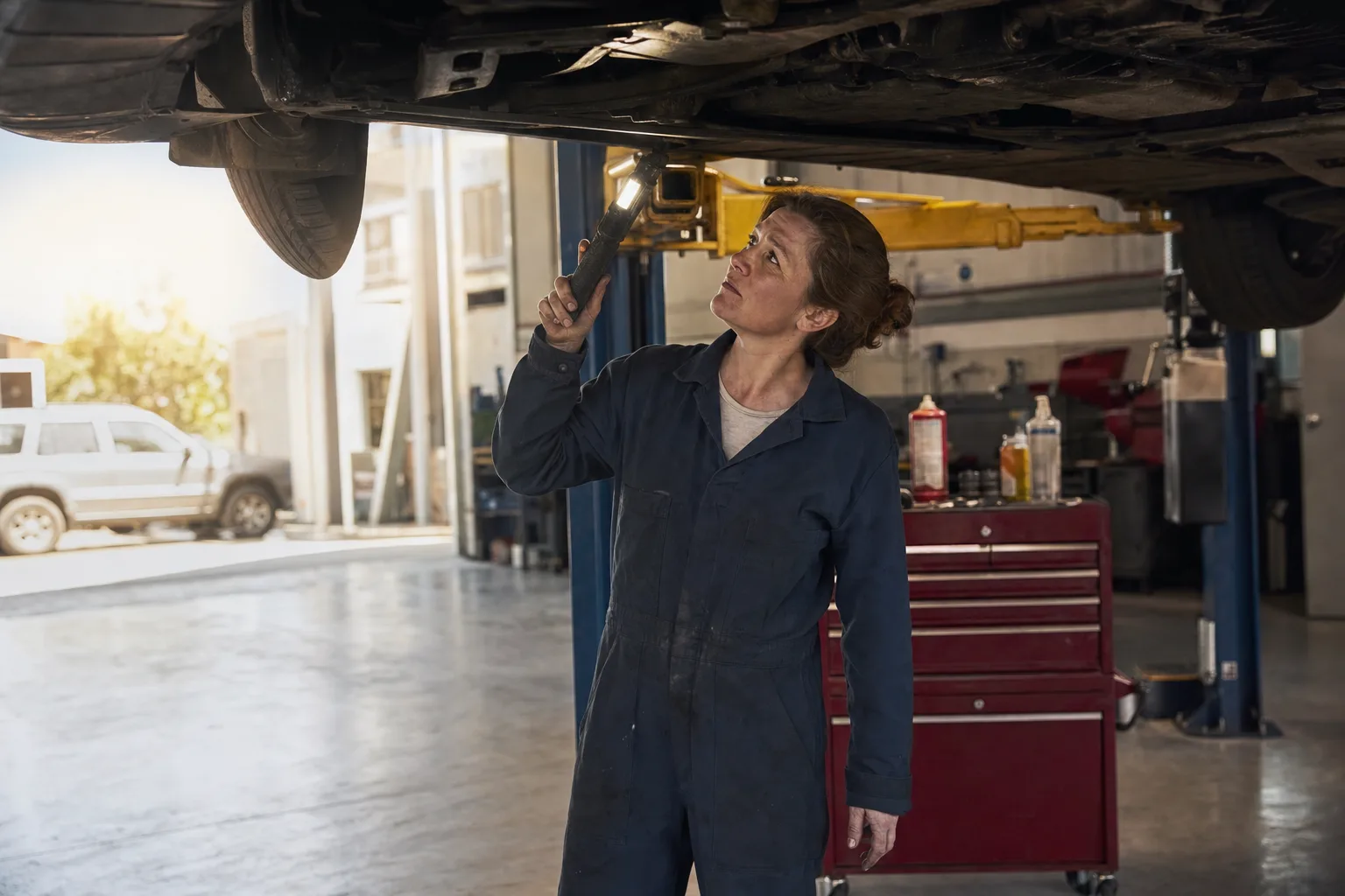 A mechanic working under a raised car in a repair bay