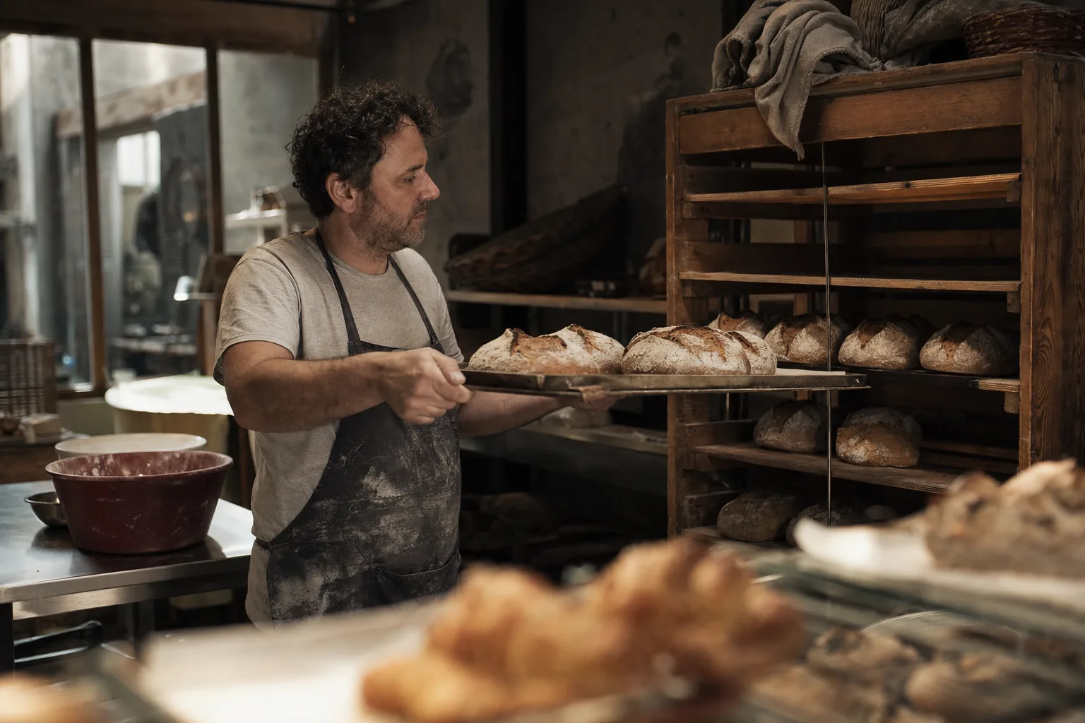 A baker sliding a tray of fresh loaves onto a rack