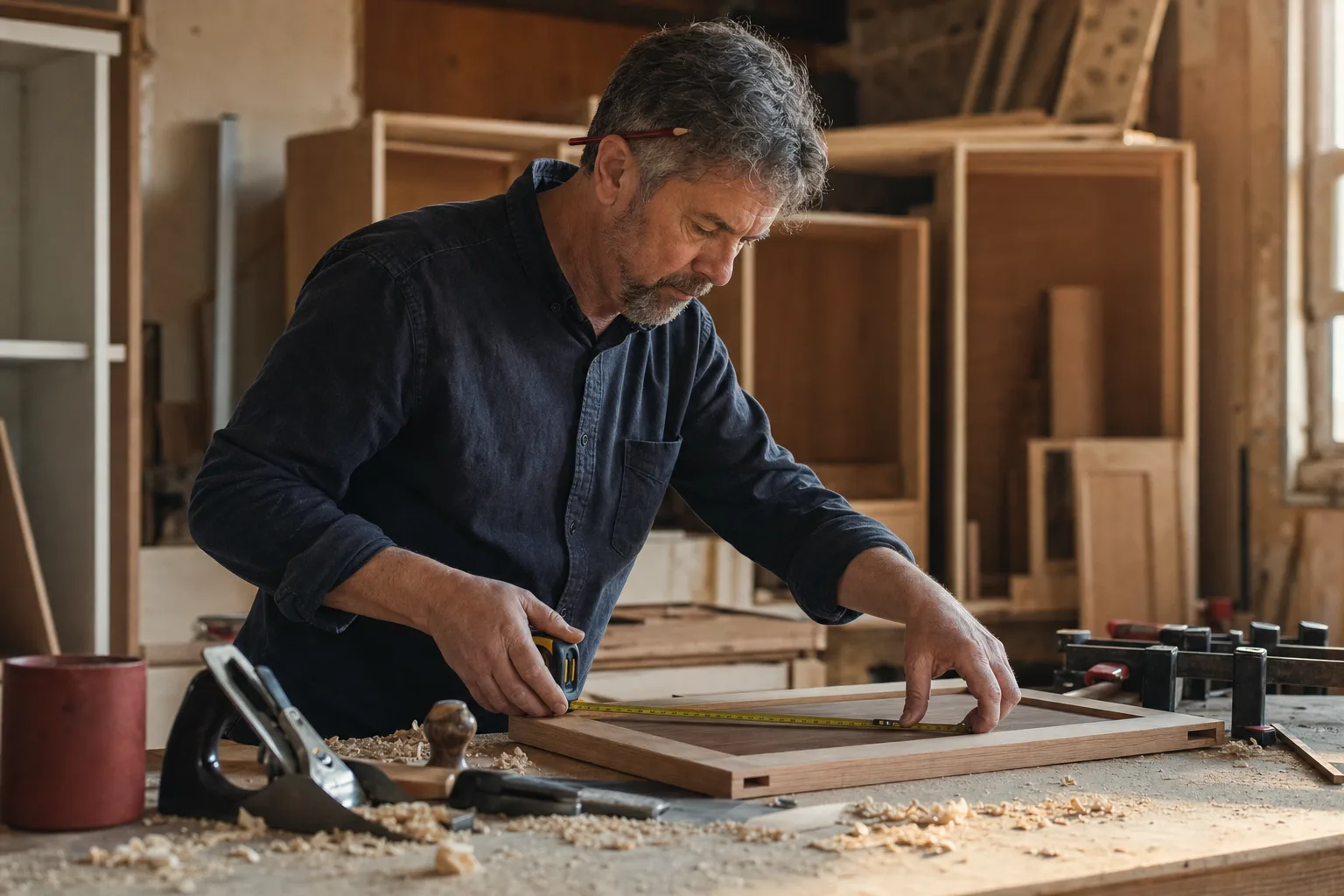 A cabinet maker measuring a solid wood cabinet door on his workbench