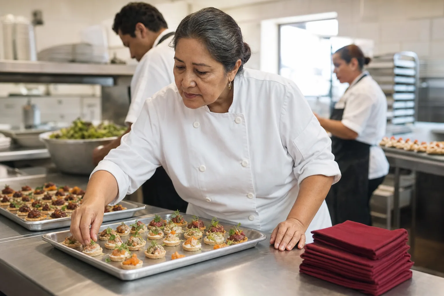 A caterer checking trays of canapes before an event