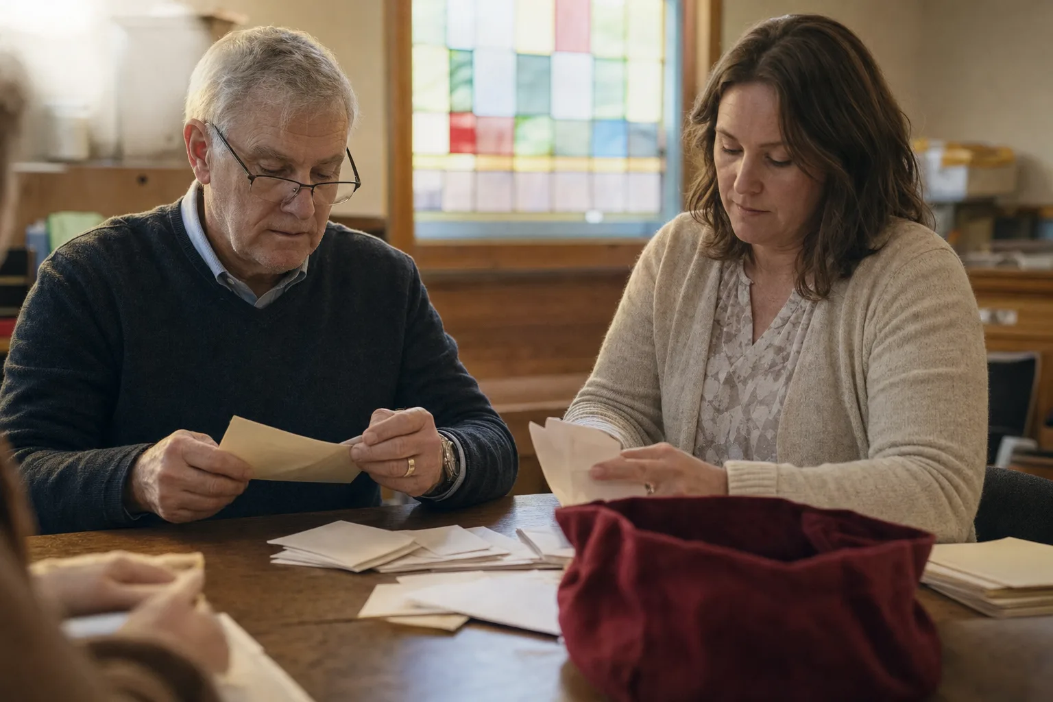 A church treasurer and a volunteer counting the Sunday offering