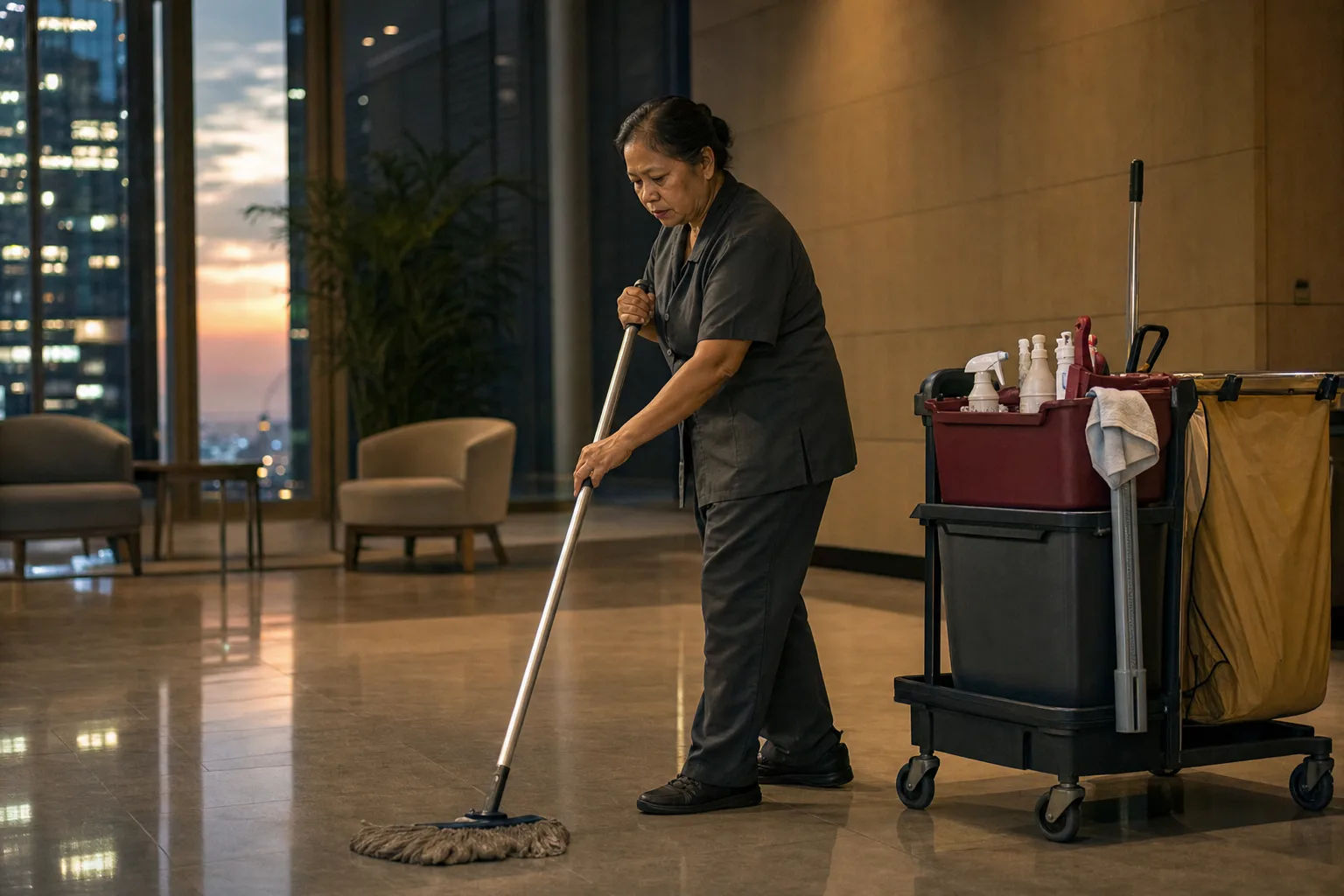 A commercial cleaner mopping an office lobby in the evening
