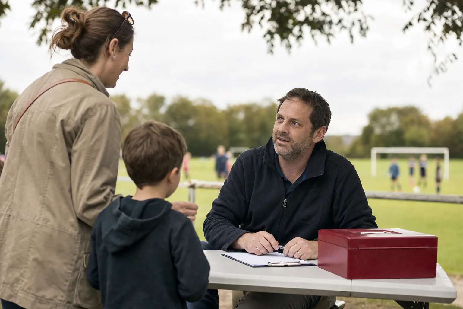 A sports club treasurer taking a registration at a folding table