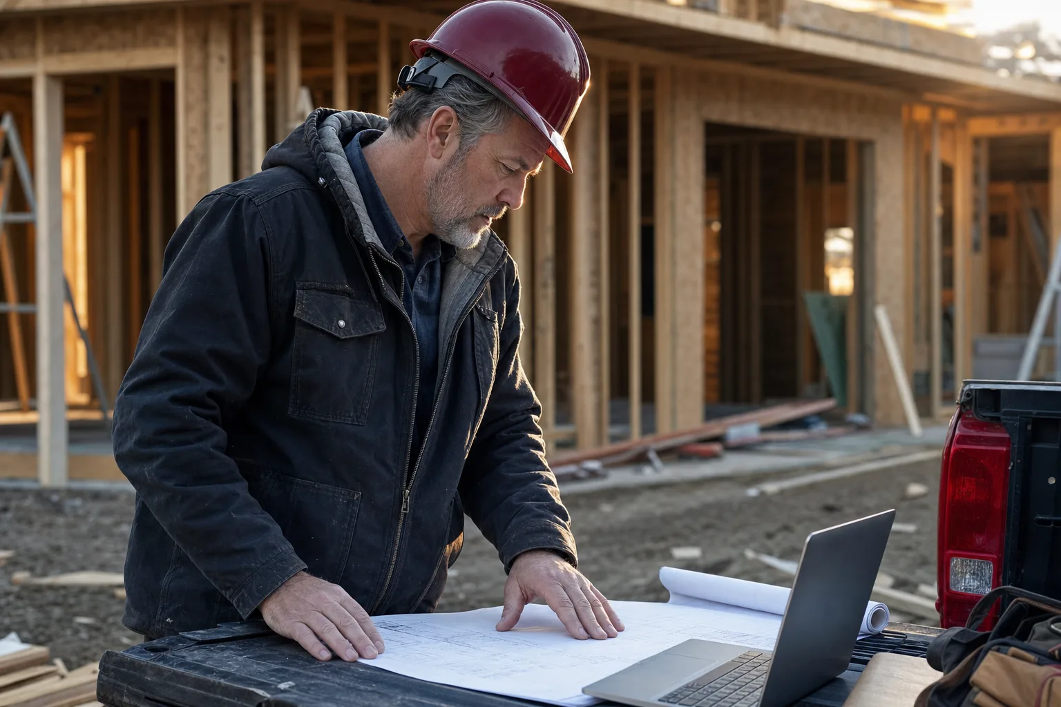 A contractor reviewing plans on a pickup tailgate at a job site