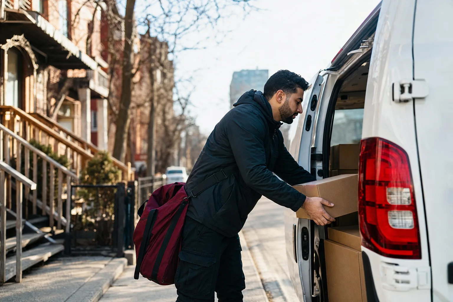 A courier loading parcels into the back of a van