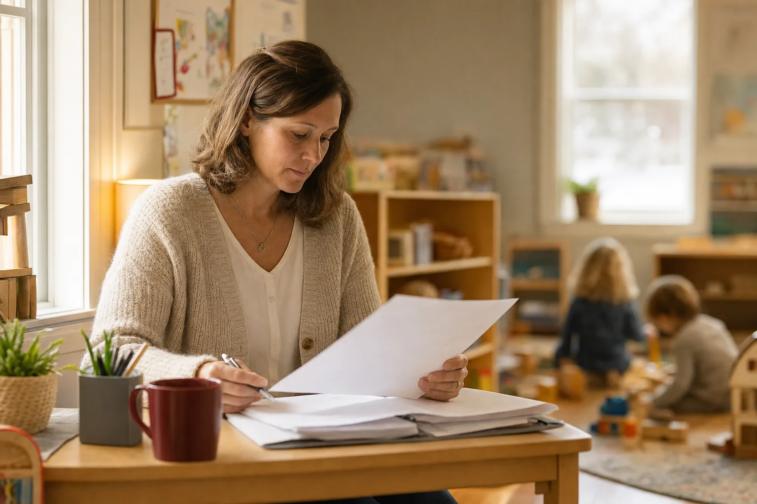 A daycare director reviewing a sheet at a desk in a playroom
