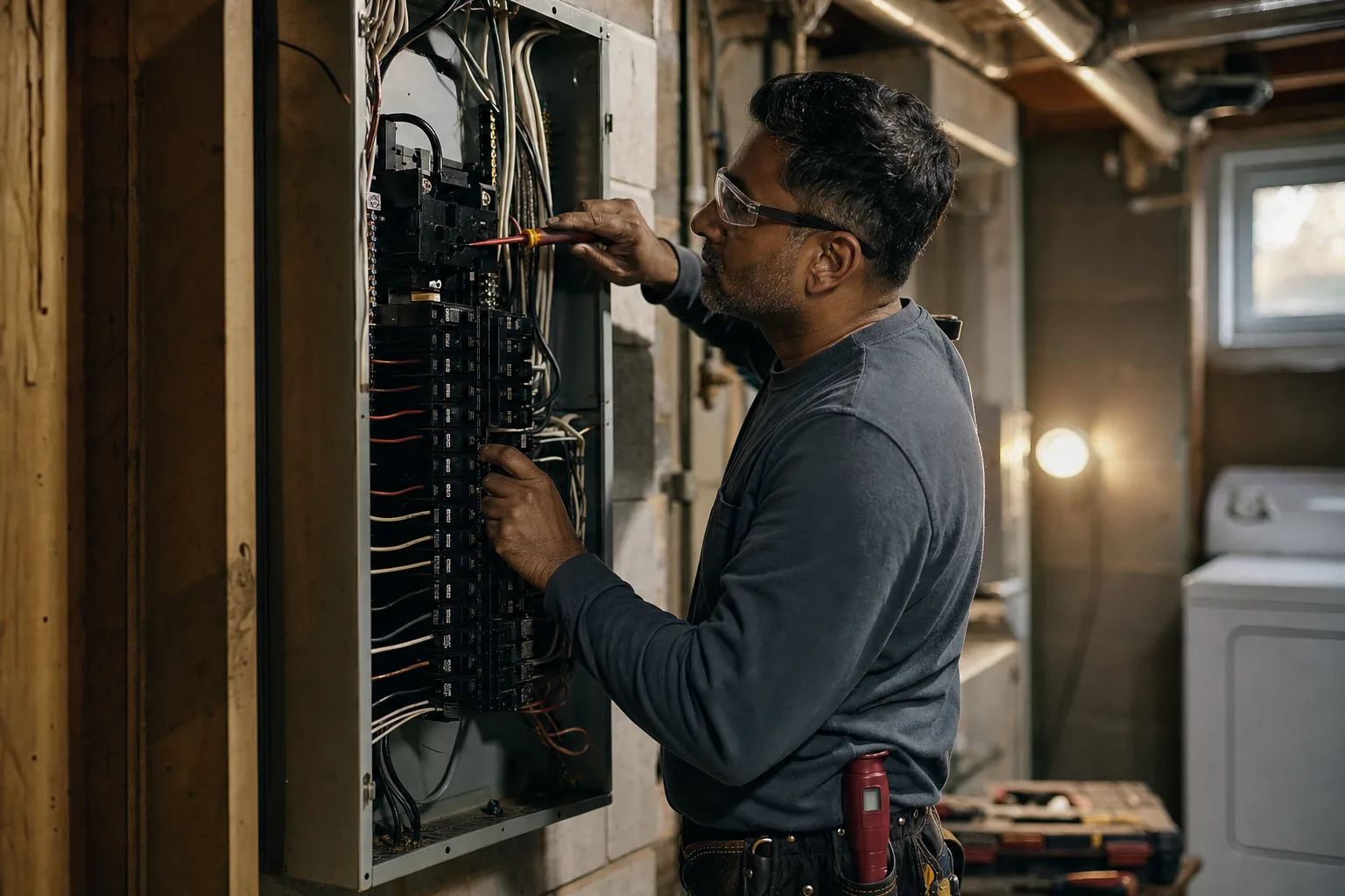 An electrician working on a residential breaker panel
