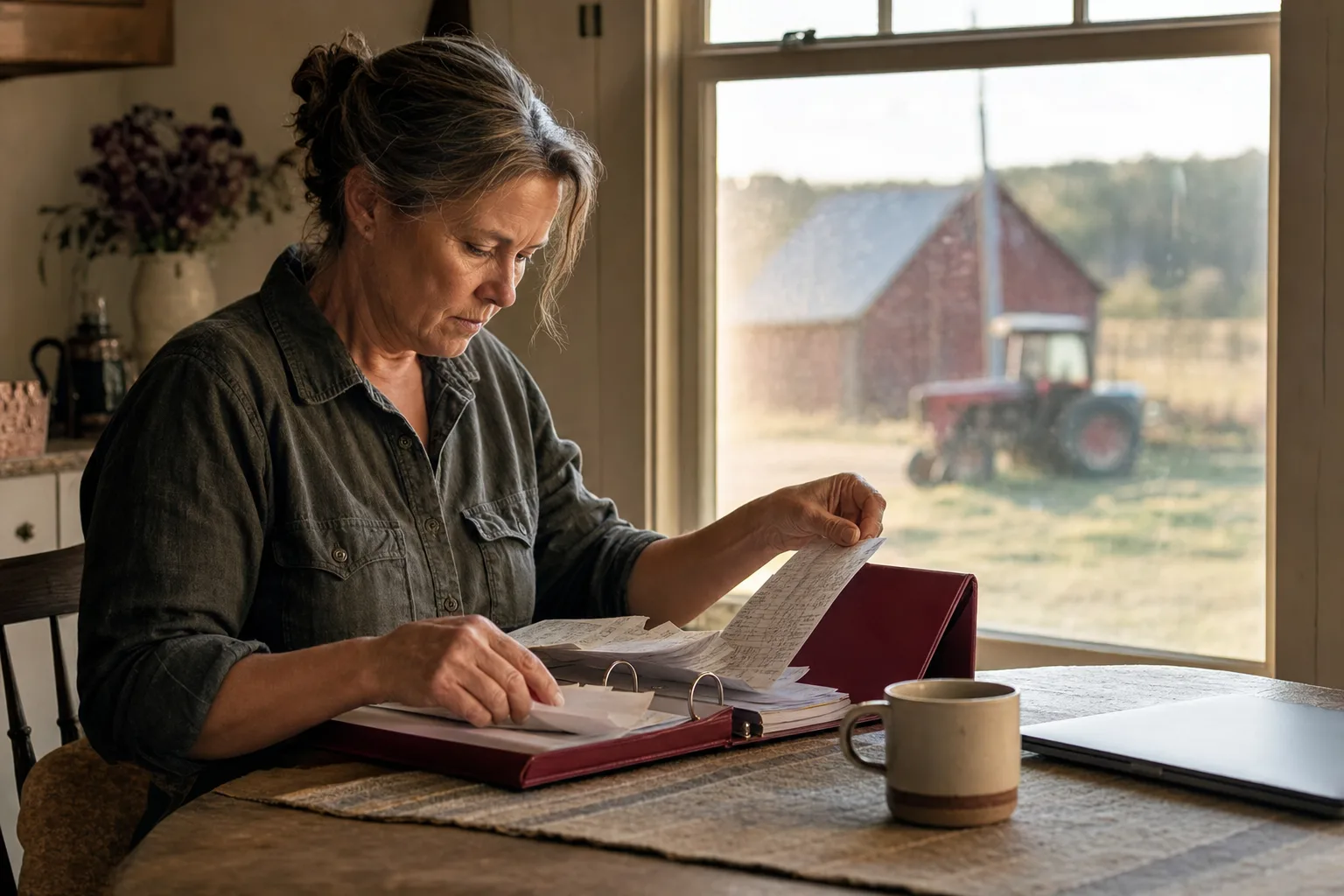 A farmer sorting feed and seed receipts into a binder at the farmhouse kitchen table