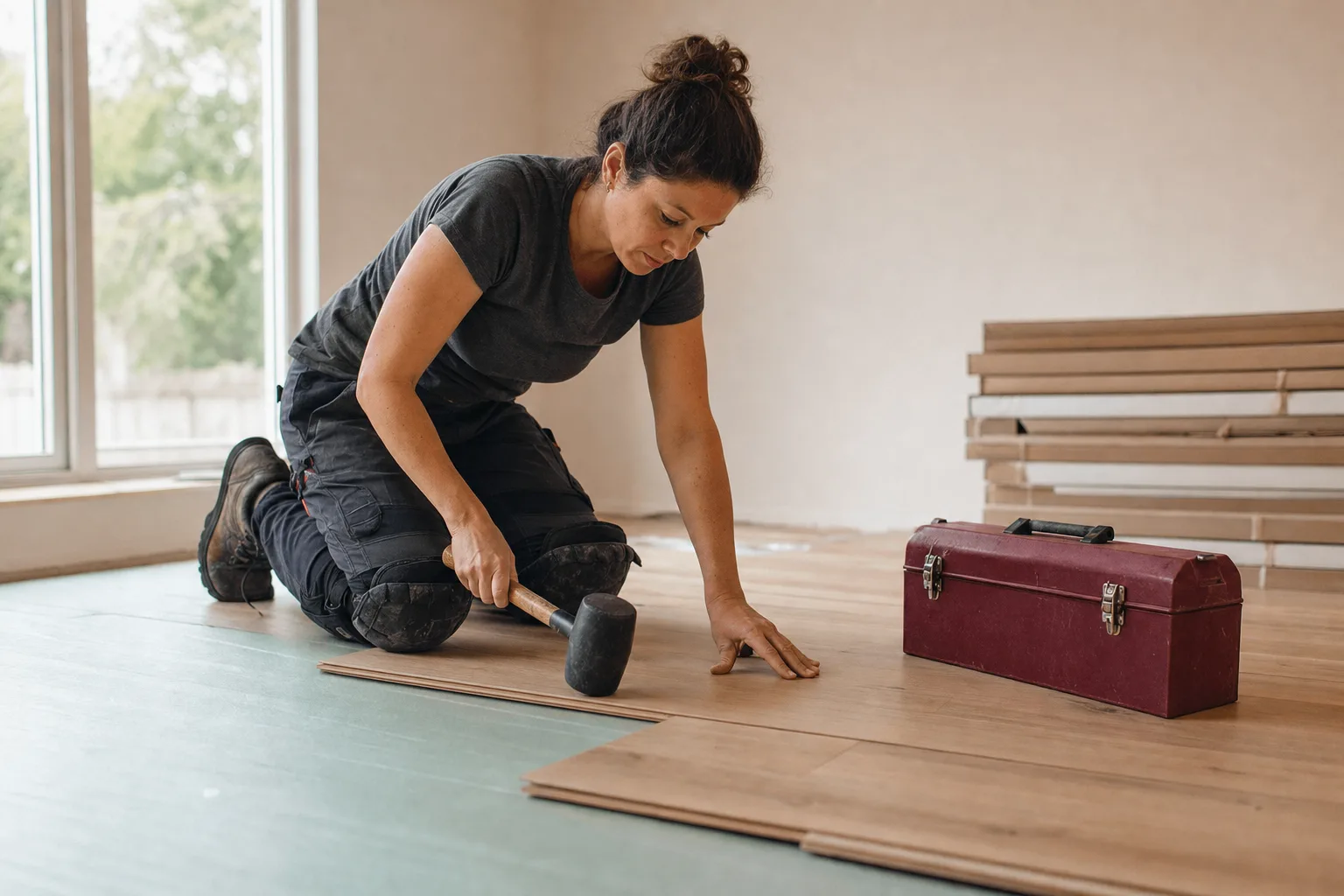 A flooring installer tapping an oak plank into place in an empty living room