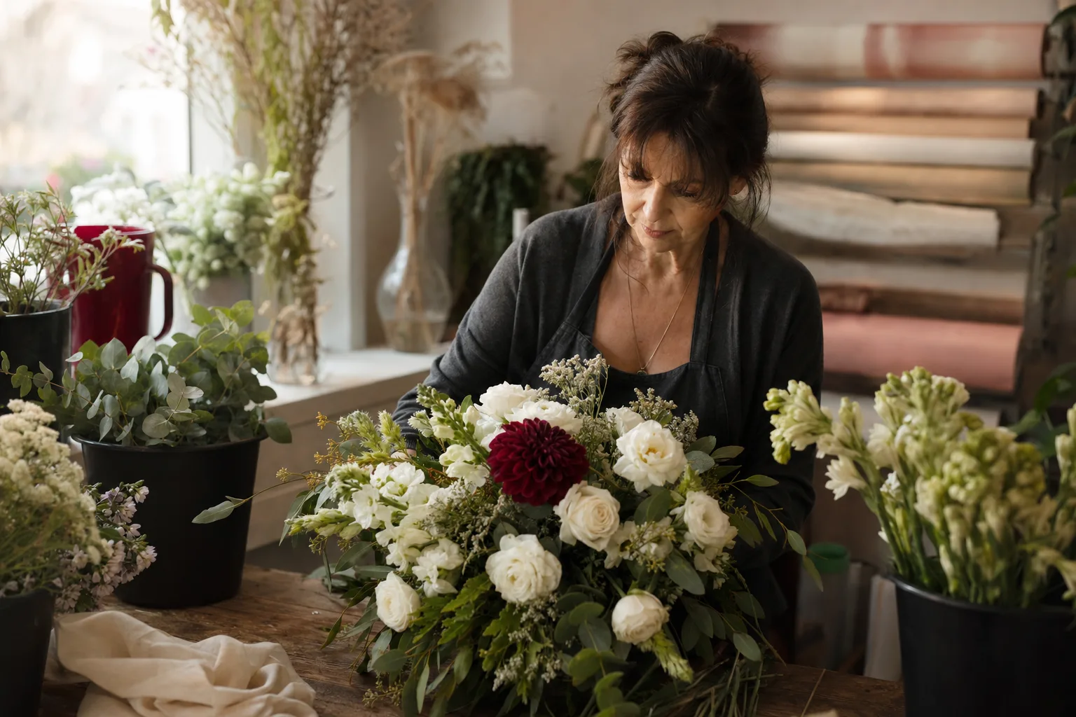 A florist arranging a cream bouquet with a deep maroon dahlia in her shop