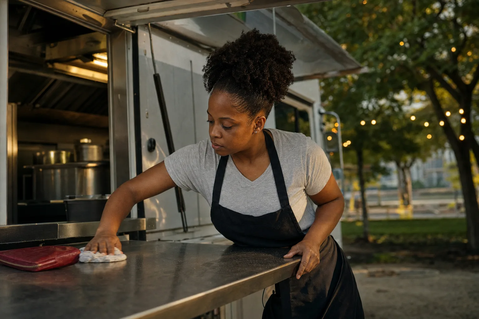 A food truck owner wiping down the serving counter after lunch