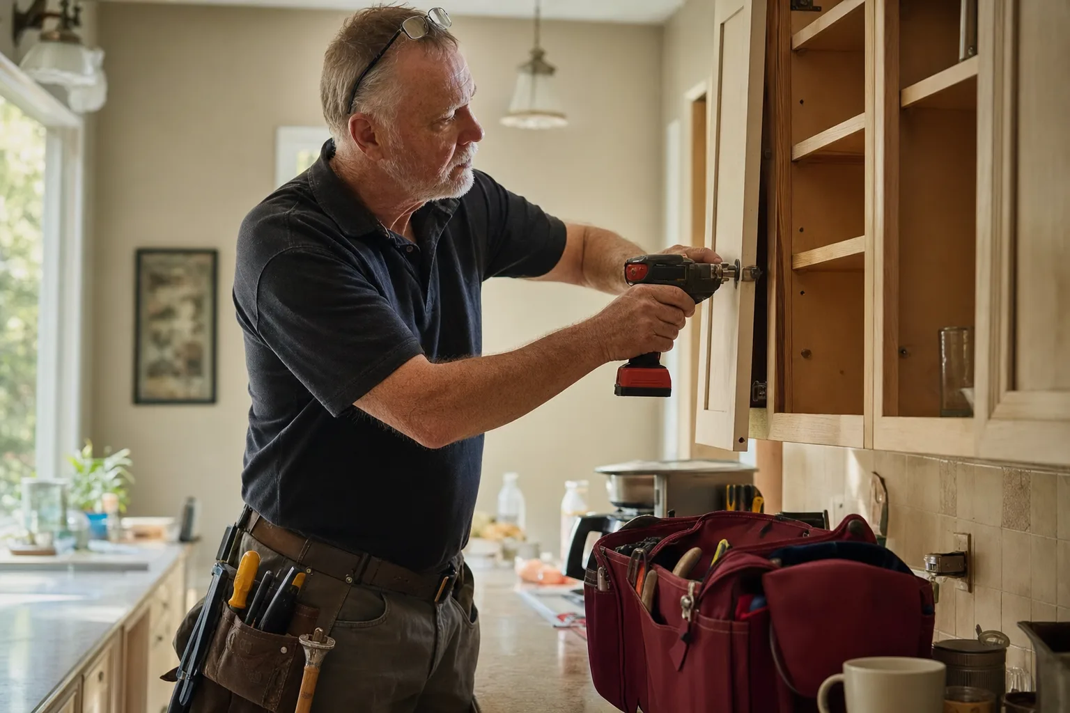 A handyman repairing a kitchen cabinet door with a drill