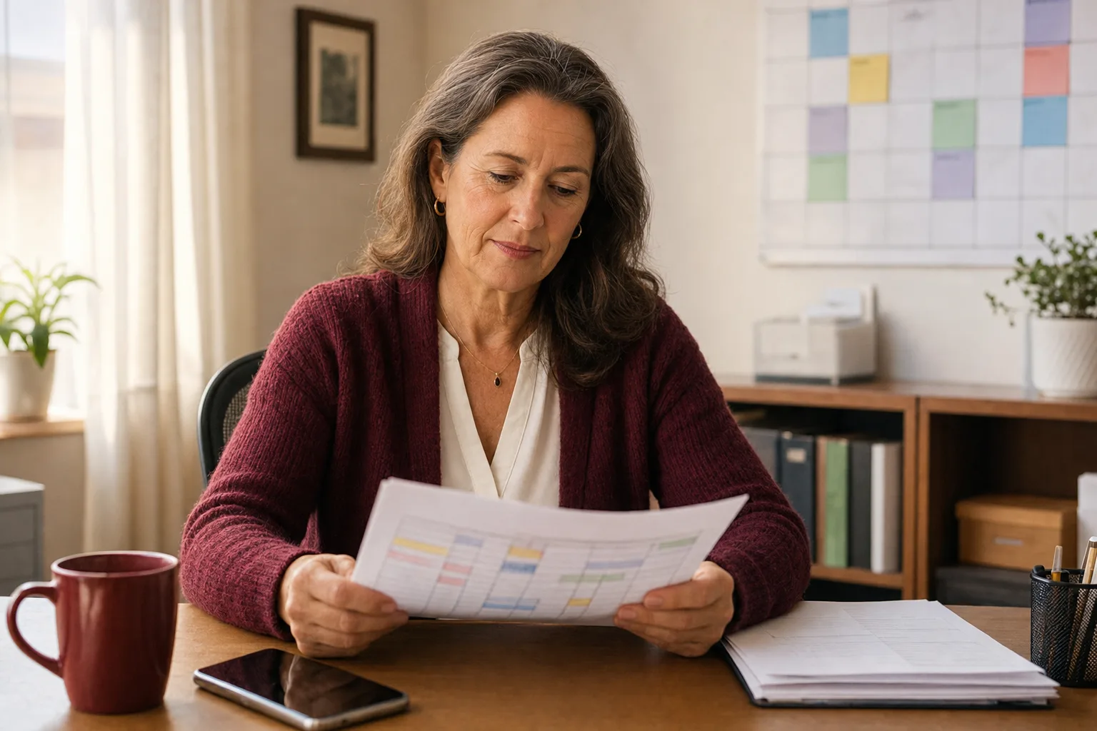 A home care agency owner reviewing a caregiver schedule at her desk