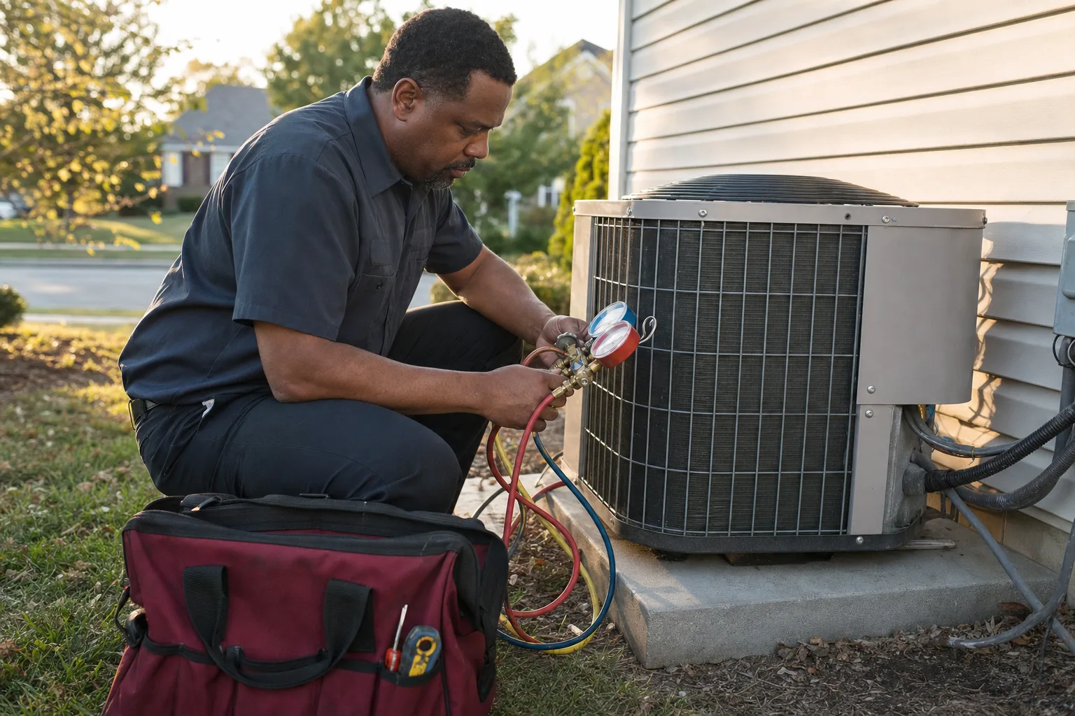 An HVAC technician checking an outdoor condenser unit beside a house