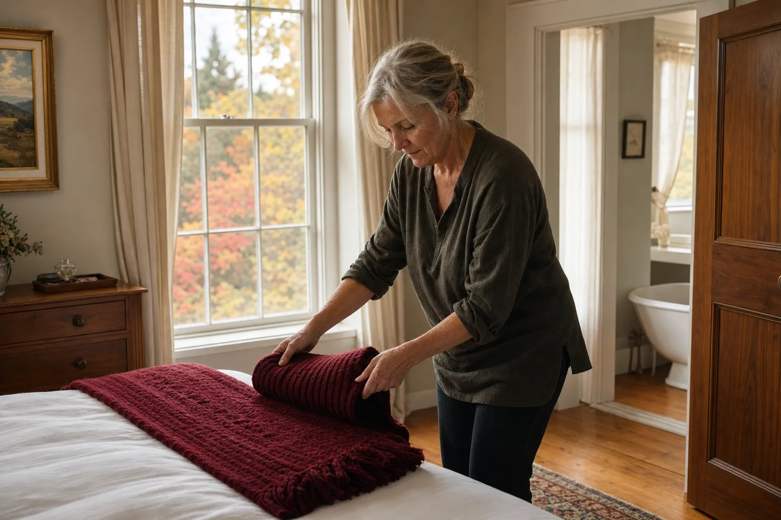 An inn owner folding a throw at the foot of a guest bed