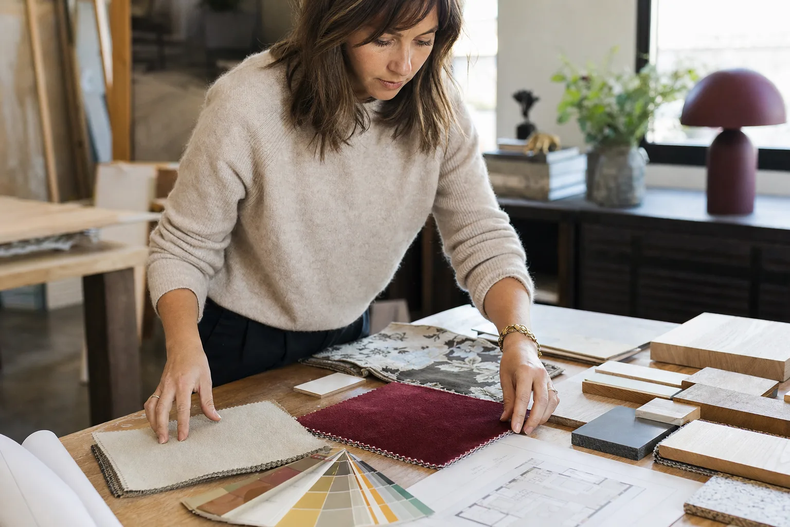 An interior designer laying out fabric swatches and samples for a client project