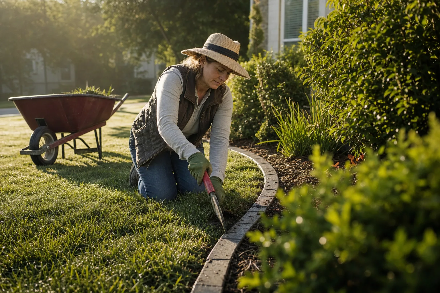 A landscaper edging a lawn beside a garden bed