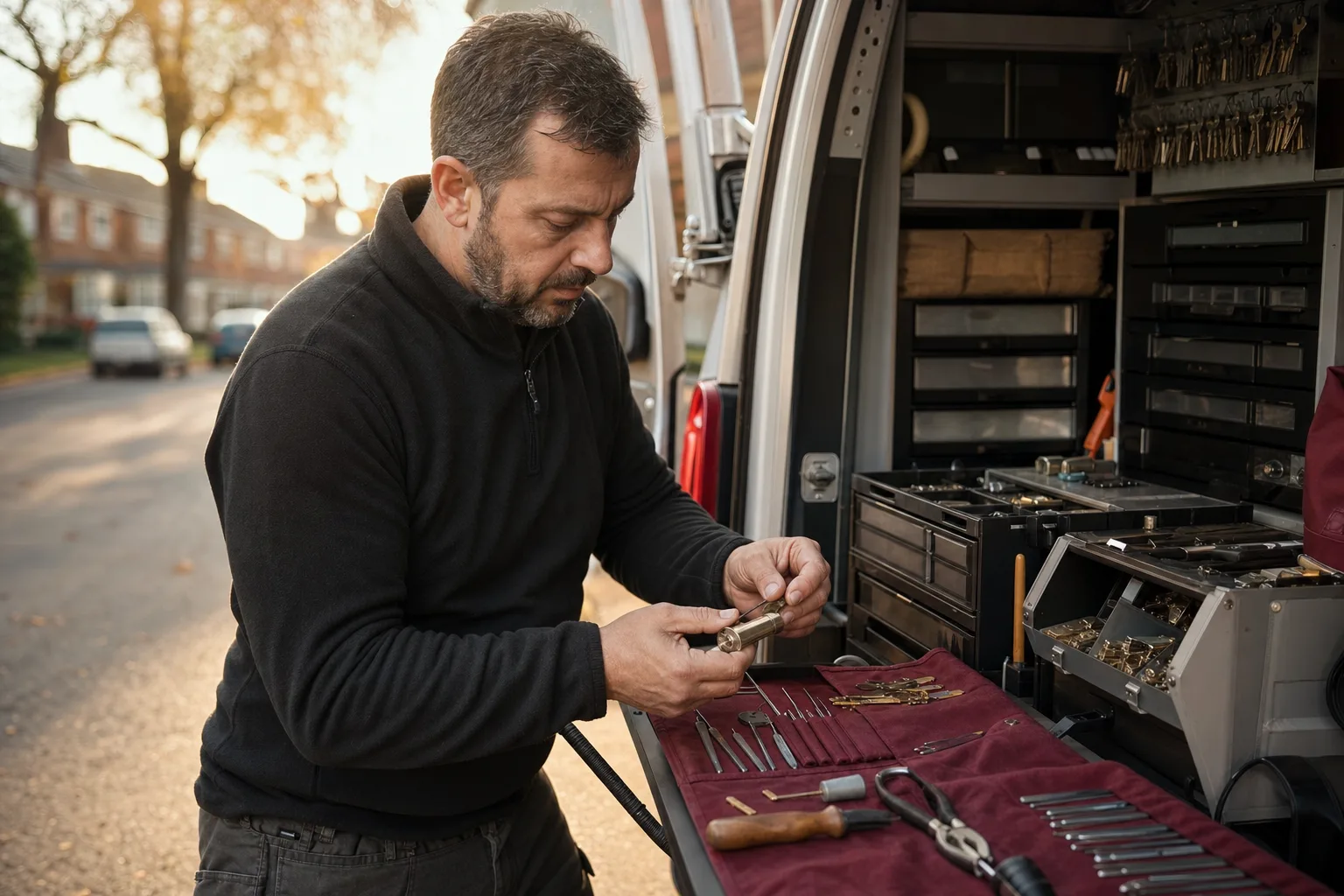 A locksmith rekeying a lock cylinder at the back of his work van