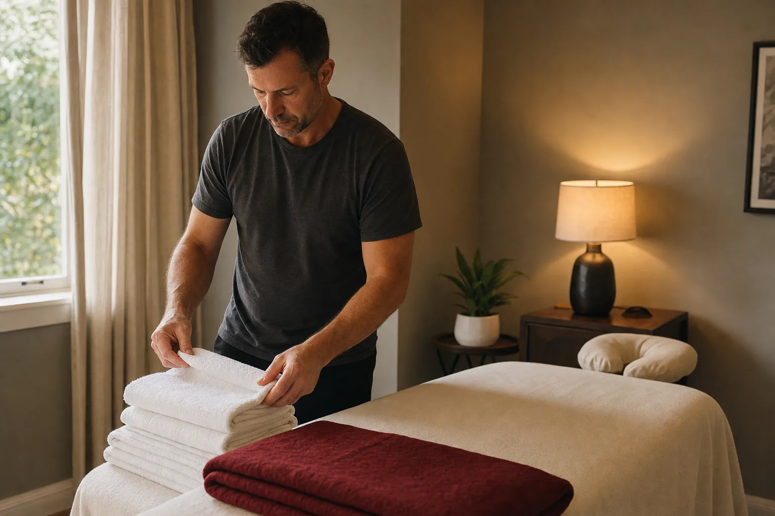 A massage therapist folding towels in a calm treatment room