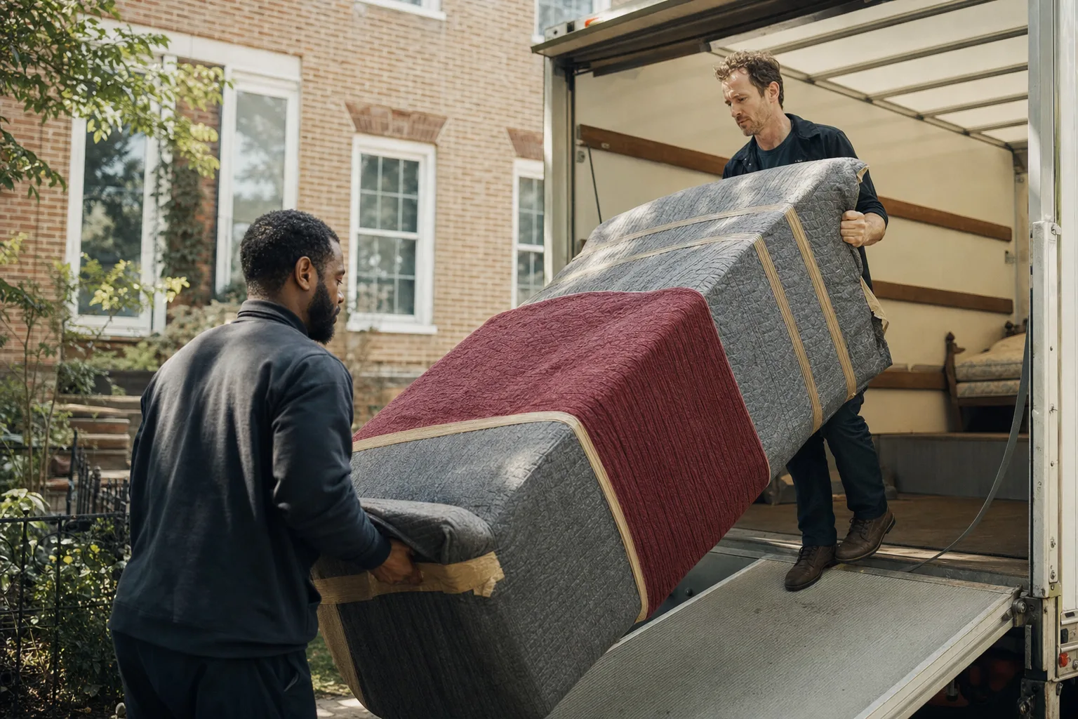 Two movers loading a blanket-wrapped sofa up the ramp of a moving truck