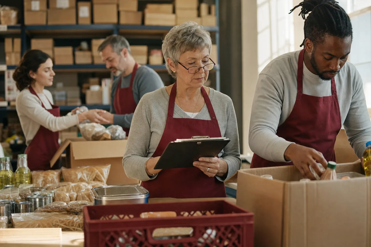A food bank coordinator with volunteers packing boxes