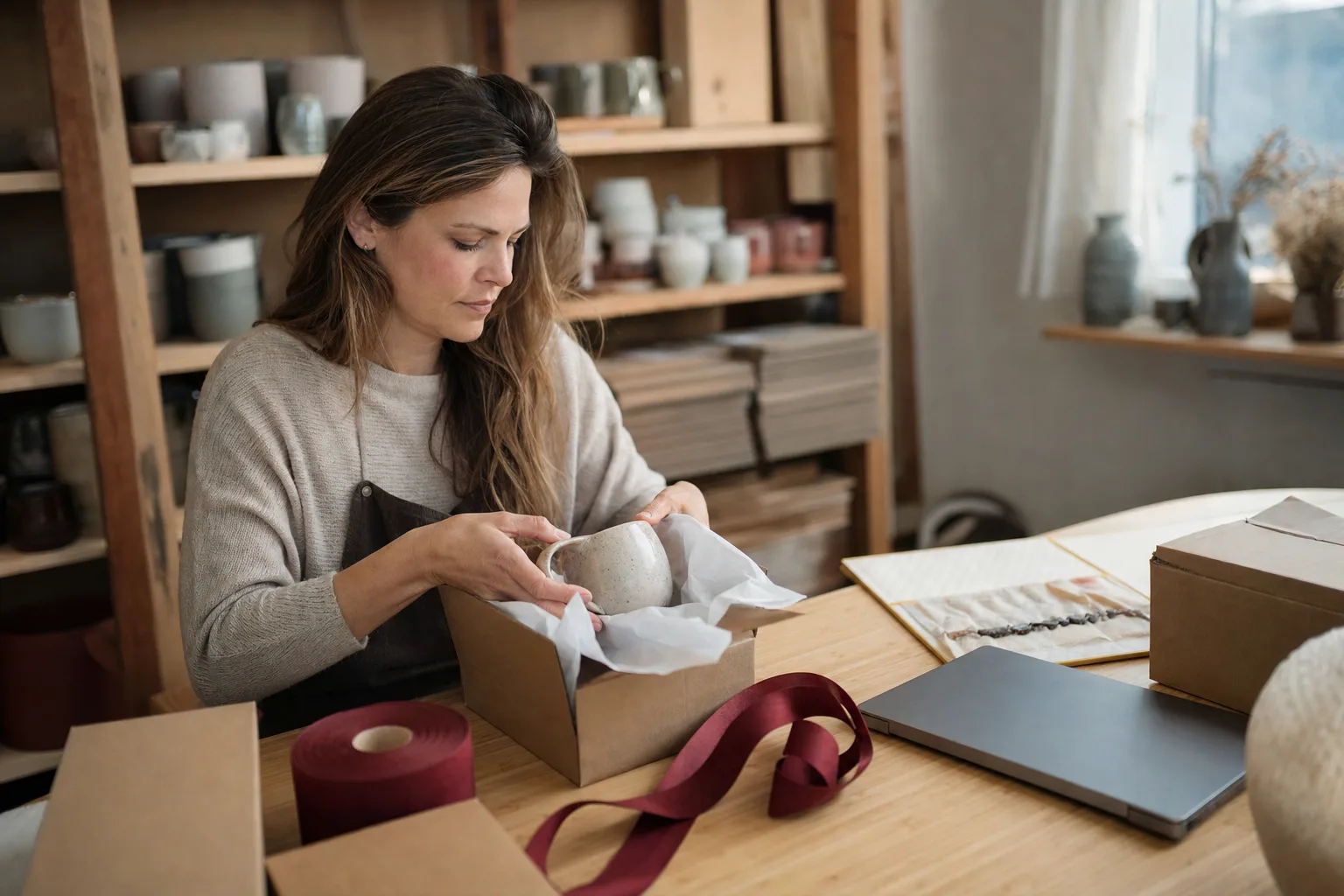 An online seller packing a handmade mug into a shipping box
