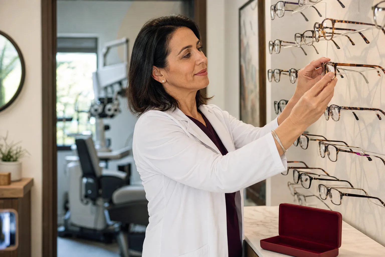 An optometrist adjusting eyeglass frames on a display wall in her practice