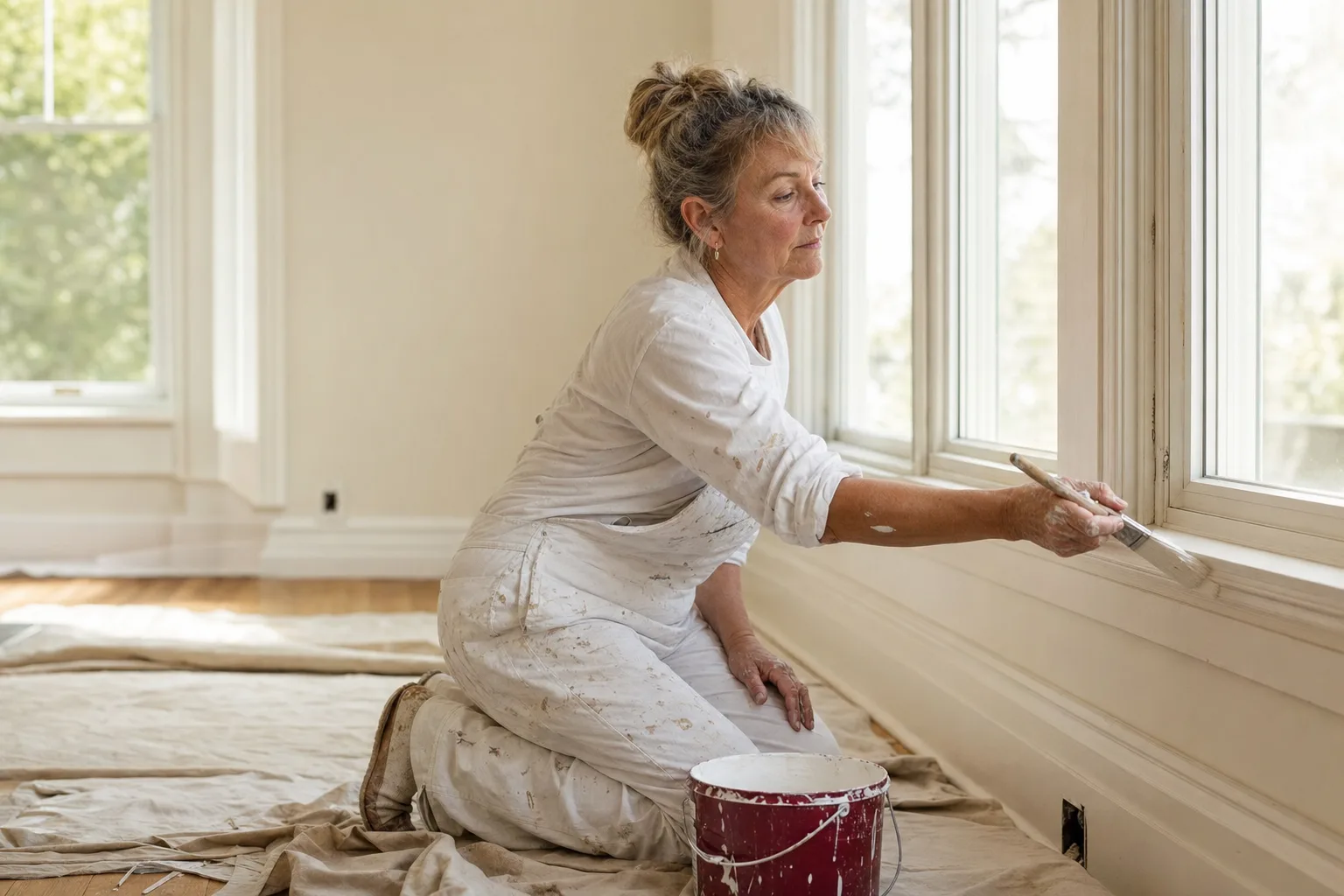 A painter cutting in along trim in a bright living room