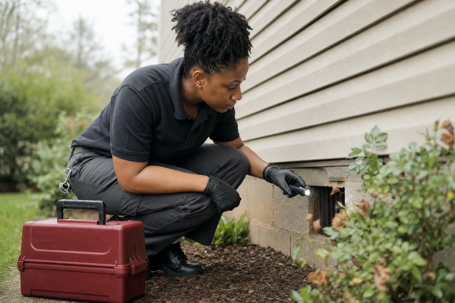 A pest control technician inspecting the base of a house with a flashlight