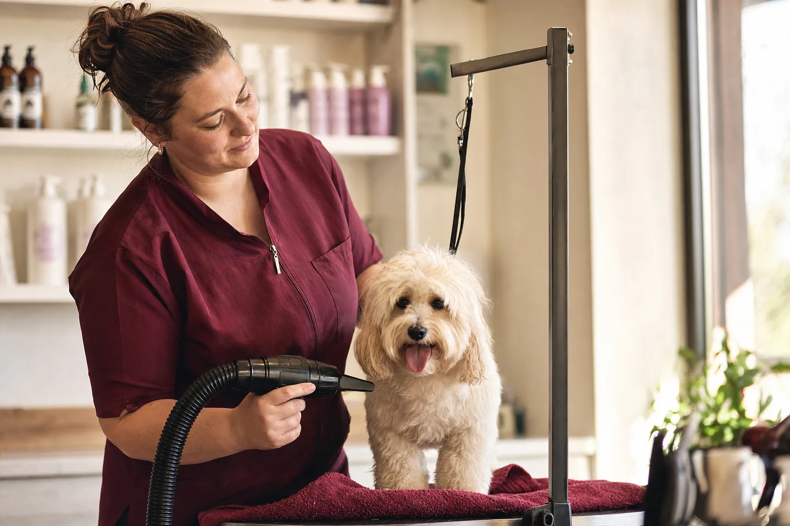 A pet groomer drying a small fluffy dog on a grooming table