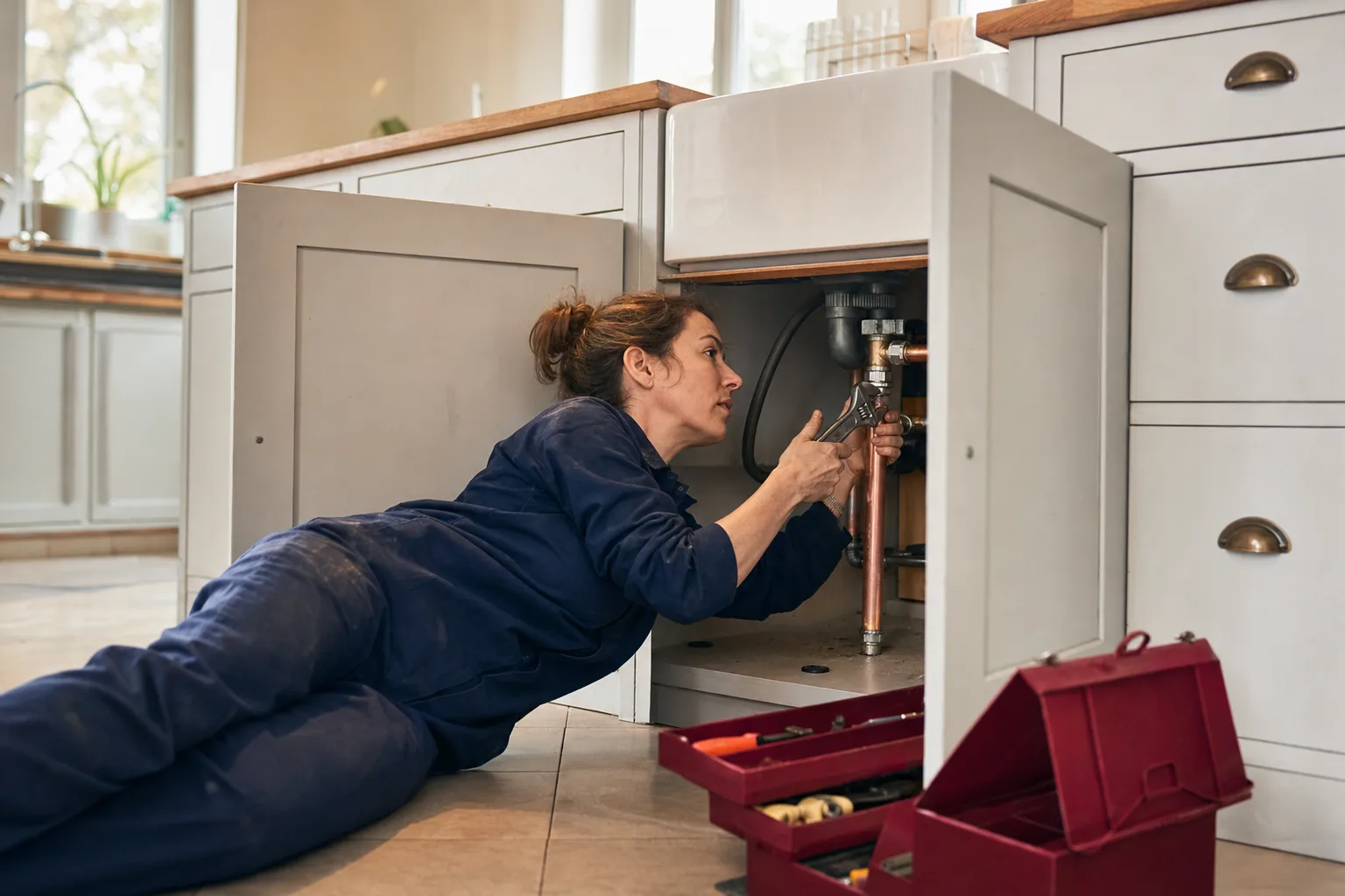 A plumber fitting copper pipe under a kitchen sink