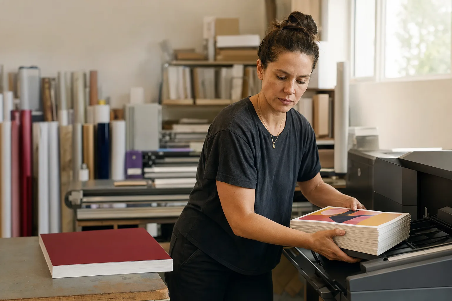 A print shop owner lifting a stack of freshly printed postcards from a press tray