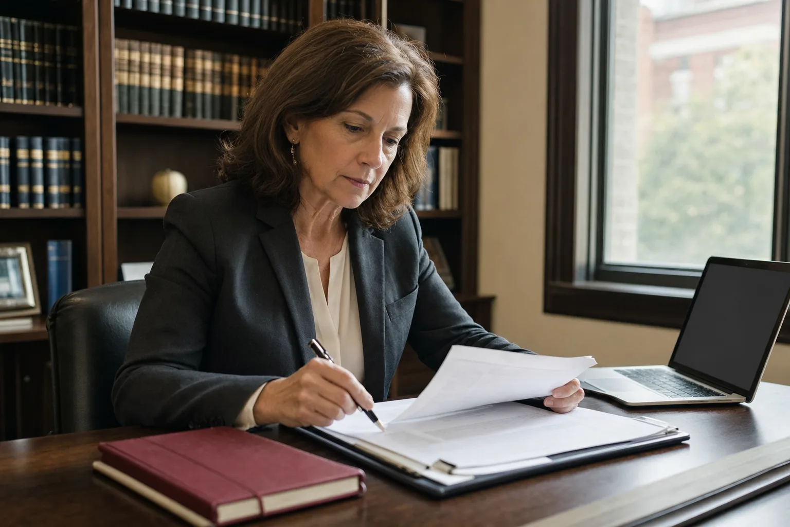 An attorney reviewing a client file at her desk