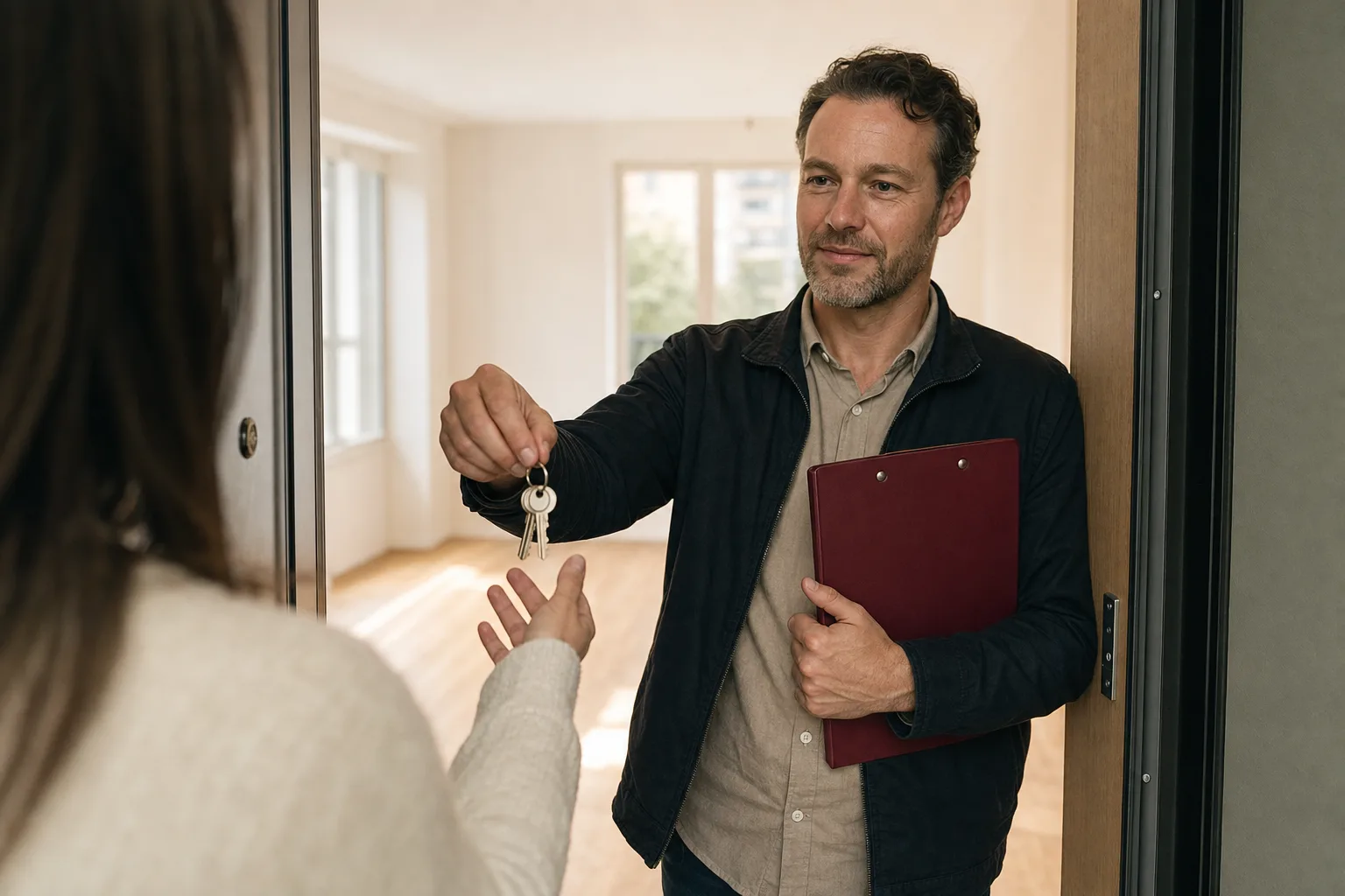 A property manager handing keys to a tenant