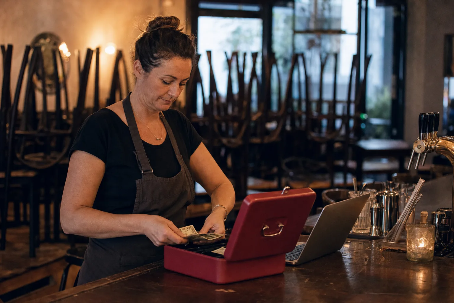 A restaurant owner counting tips after service