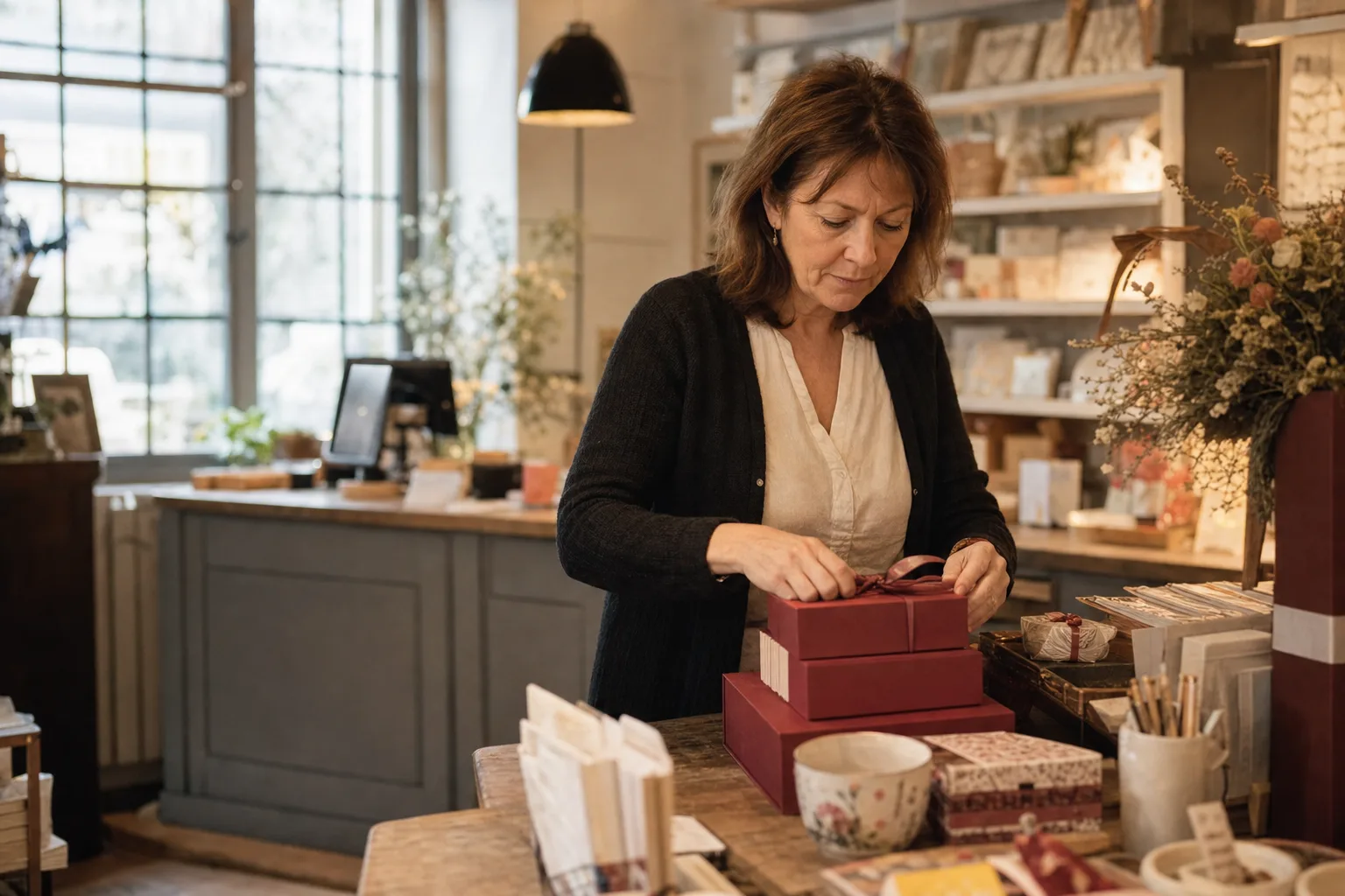 A shop owner arranging products on a display table