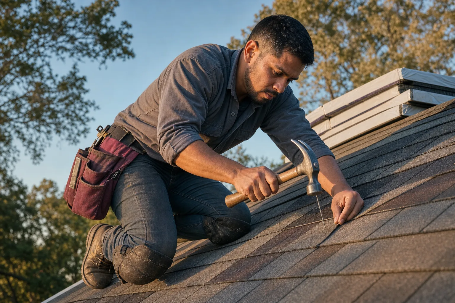 A roofer nailing shingles on a pitched roof