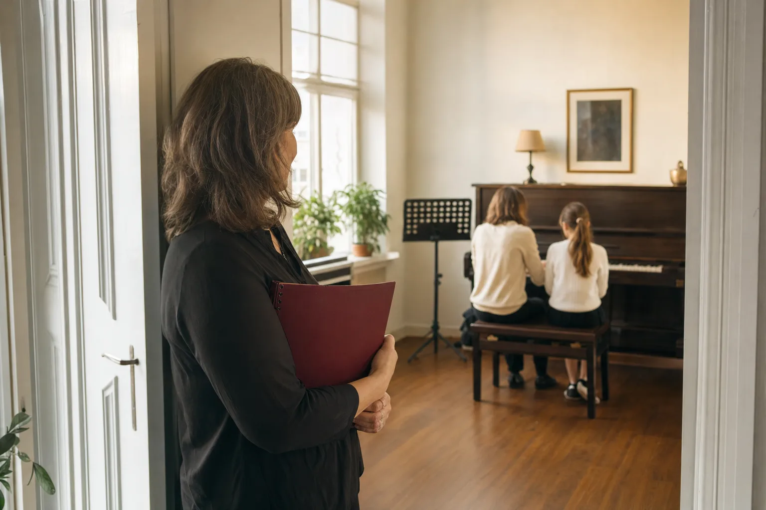 A music school director in the doorway of a lesson room
